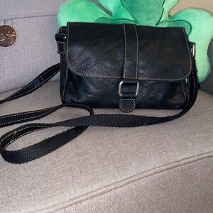 Black Real Leather Crossbody Bag with Silver Buckle